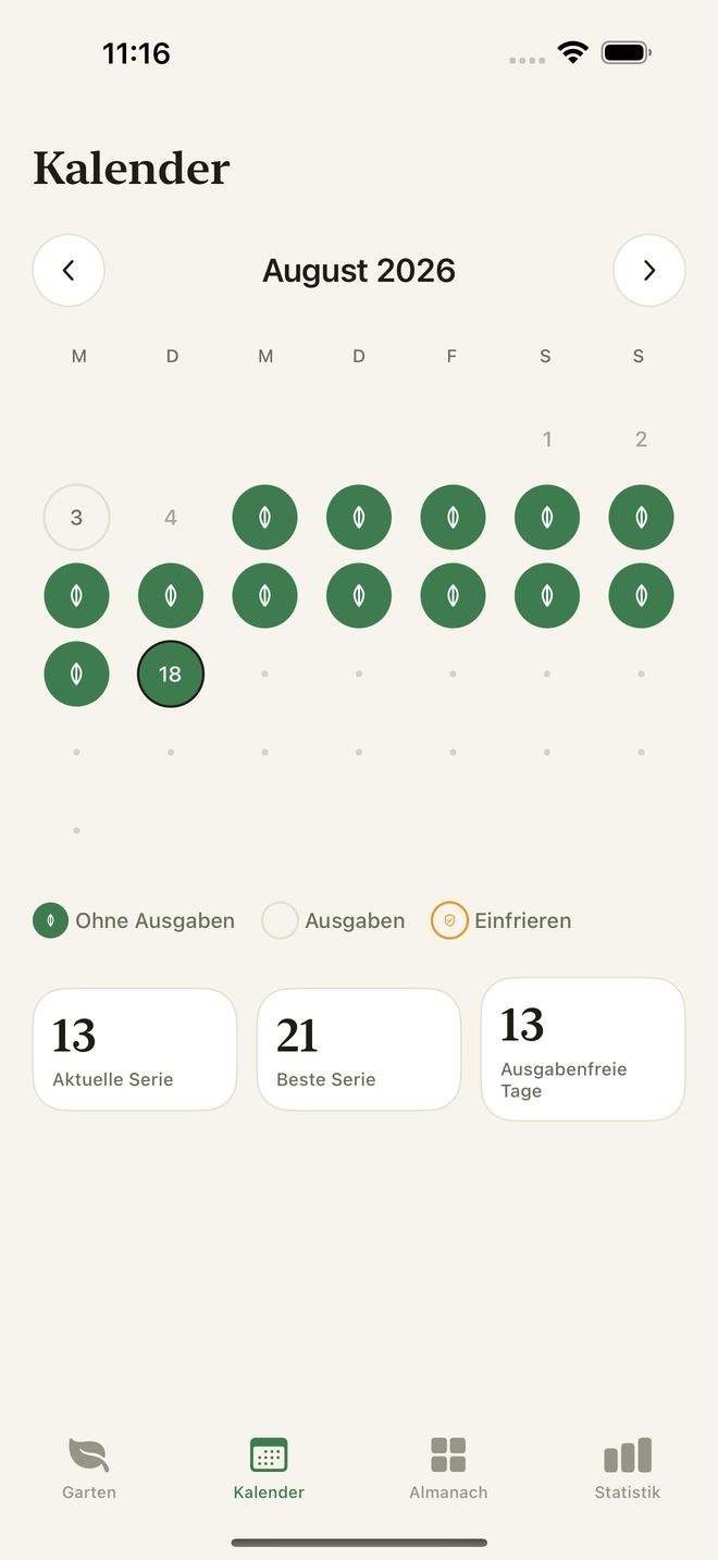 Kalender — Tage ohne Ausgaben ausgefüllt