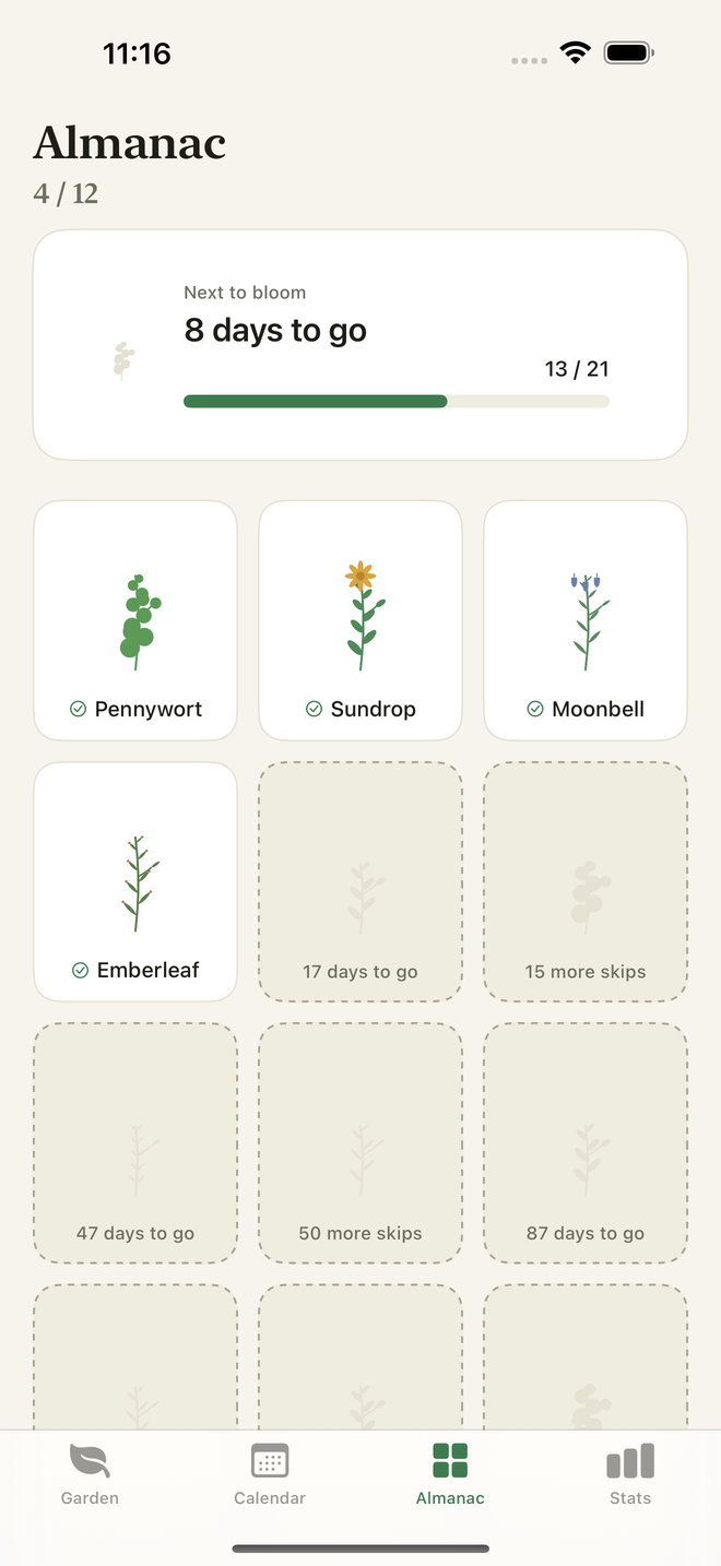Almanac screen — 12 species, some still locked