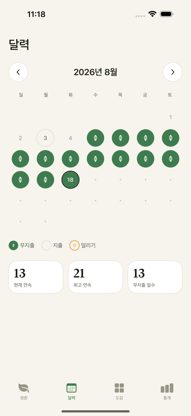 달력 화면 — 무지출한 날이 채워진 모습